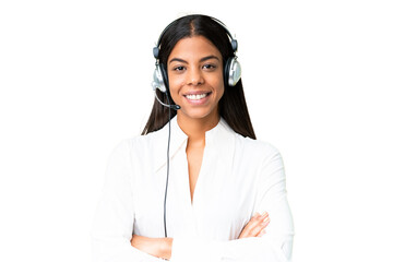 Telemarketer African American woman working with a headset over isolated chroma key background...