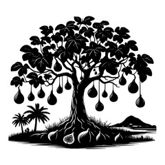 Silhouette of fig tree with ripe figs and tropical landscape