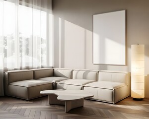 Minimalist living room interior with modular sofa artwork and floor lamp