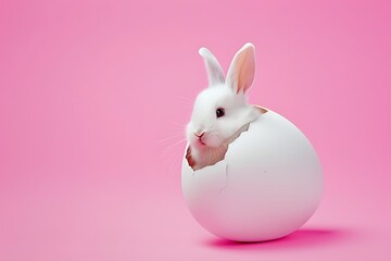 Little rabbit on green grass in summer day, A rabbit is laying in the grass with its ears up. The rabbit is looking at the camera, Easter celebration  background. Bunny and egg for Easter 
