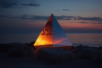 Reflective pyramid at sunset, fiery orange glow internally illuminates one half, mirrored surface reflects sky and sea, rests on dark rocks by ocean