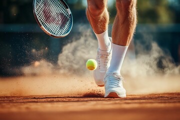 Tennis player on clay court with red sneakers hitting ball at sunset. Tennis championship, tournament and World Tennis Day.