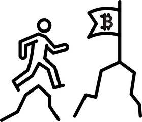 Person climbing mountain reaching flag with bitcoin symbol success achievement motivation financial goal digital currency ambition line art minimal style