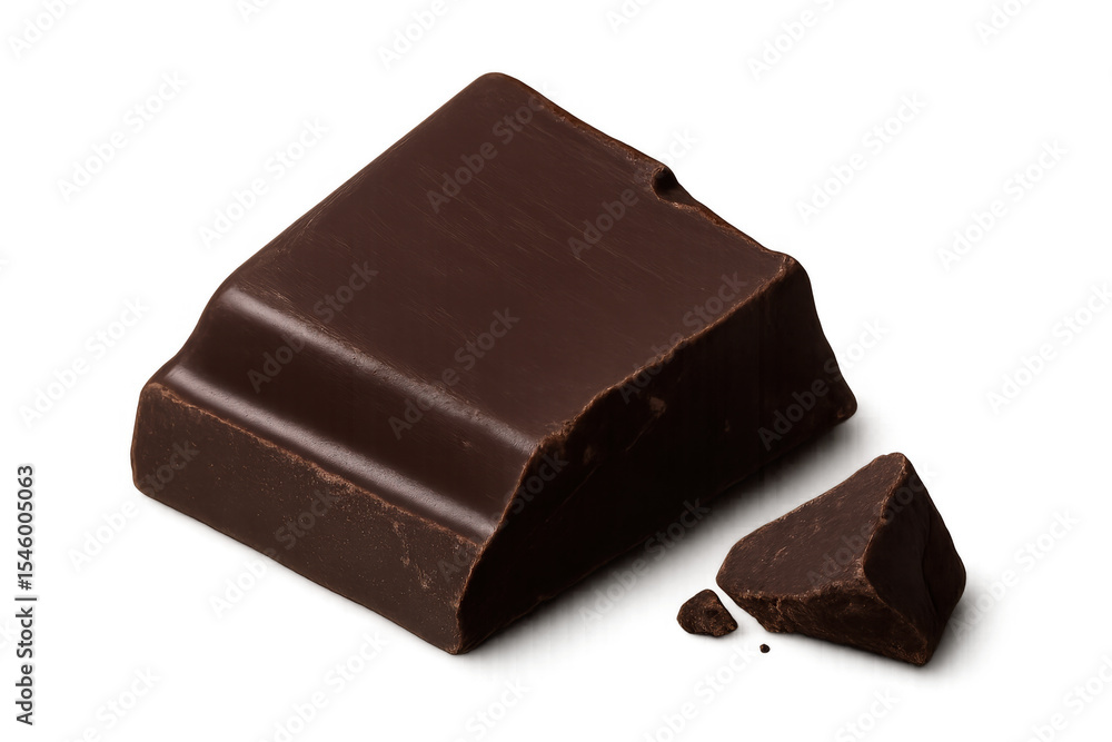 Poster dark chocolate bar broken, revealing deep cocoa texture, rich color gleaming against transparent bac