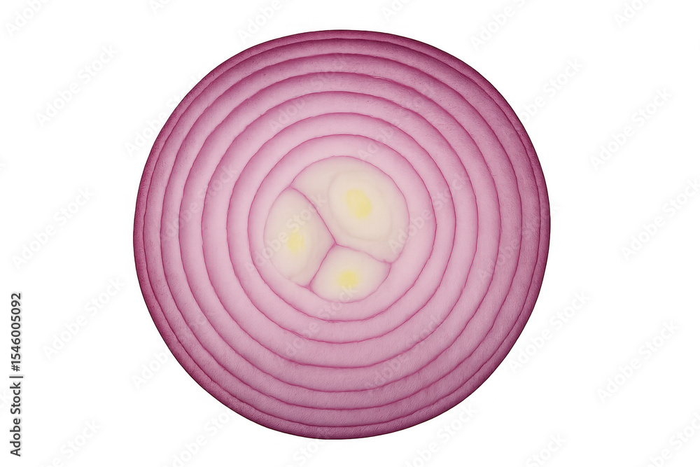 Poster red onion slice displaying vibrant layers, concentric rings visible against clean white backdrop