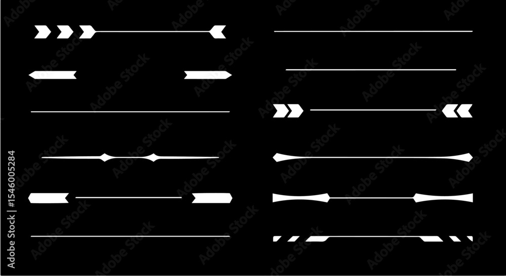Poster collection of stylish white dividers and arrows on black background. set includes various horizontal