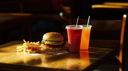 Burger, fries, and drinks