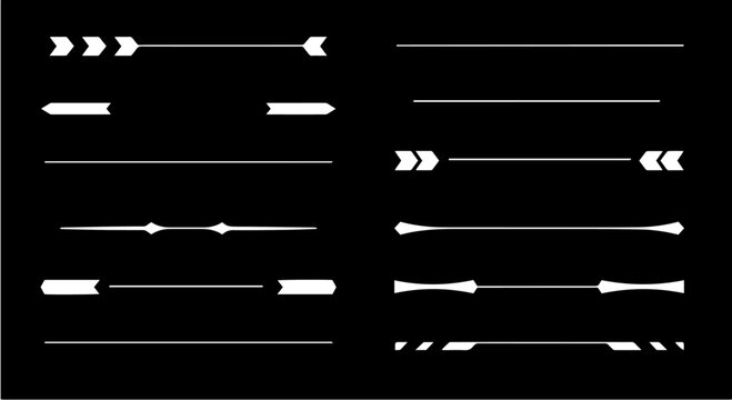 Collection of stylish white dividers and arrows on black background.  Set includes various horizontal lines, arrows, and separators ideal for design projects.