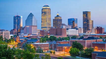 Obraz premium Urban Skyline at Dusk with Modern Buildings and City Lights