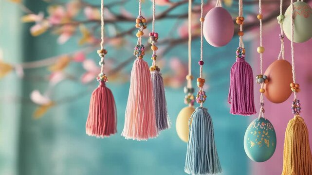 Colorful handmade tassels and eggs dangling from a branch, celebrating spring.