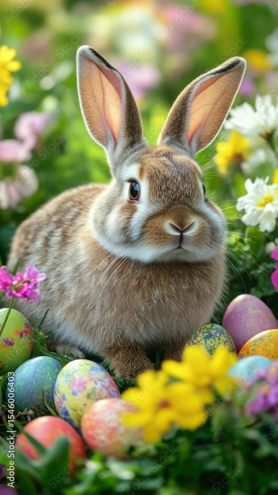 Poster a rabbit is sitting in a field of flowers and eggs. the rabbit is looking at the camera