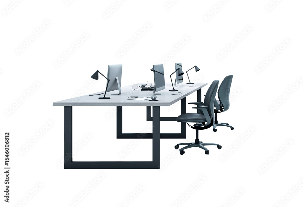 Poster contemporary office desk setup with ergonomic chairs, desktop computers, and lamps on a white isolat
