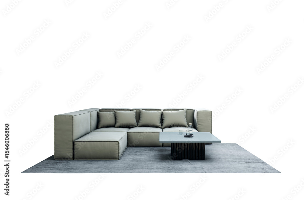 Poster stylish modern sectional sofa with pillows and a coffee table on a carpet, isolated on clean white b