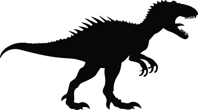 Giant Indominus Rex Silhouette: A Monstrous Outline of the Fictional Hybrid Predator, Capturing Terrifying Power and Unnatural Creation for Modern Pop Culture on White Background.