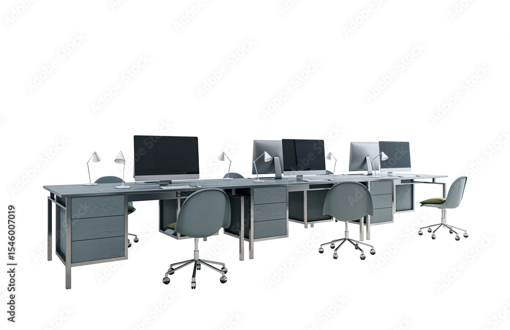 Poster contemporary office desk setup with six workstations, swivel chairs, and desktop computers in minima