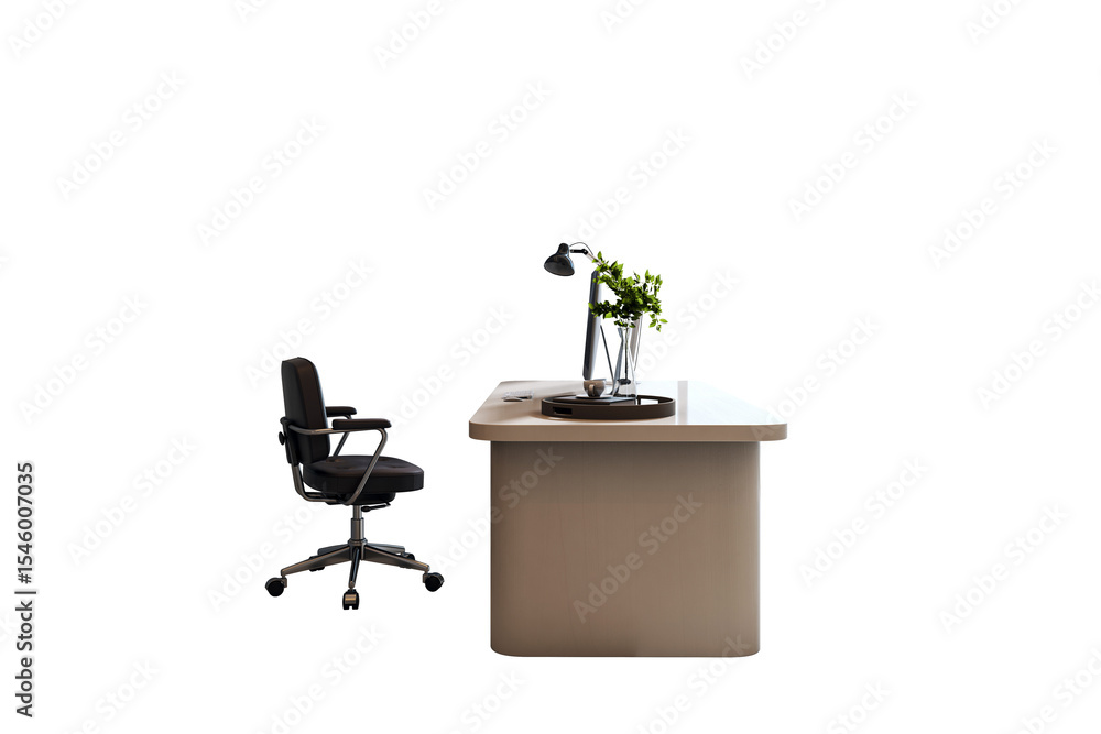 Poster Office desk and black swivel chair side view with desktop lamp, monitor, and plant on white isolated background for business workspace element. 3D Rendering