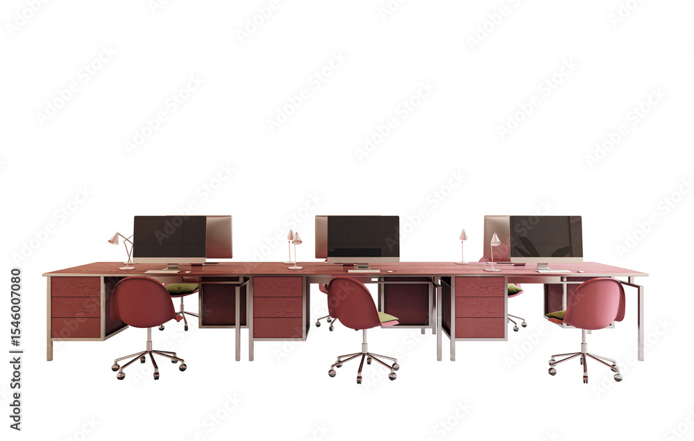Poster office desks with computers, lamps, and chairs in a clean layout, realistic style on white backgroun