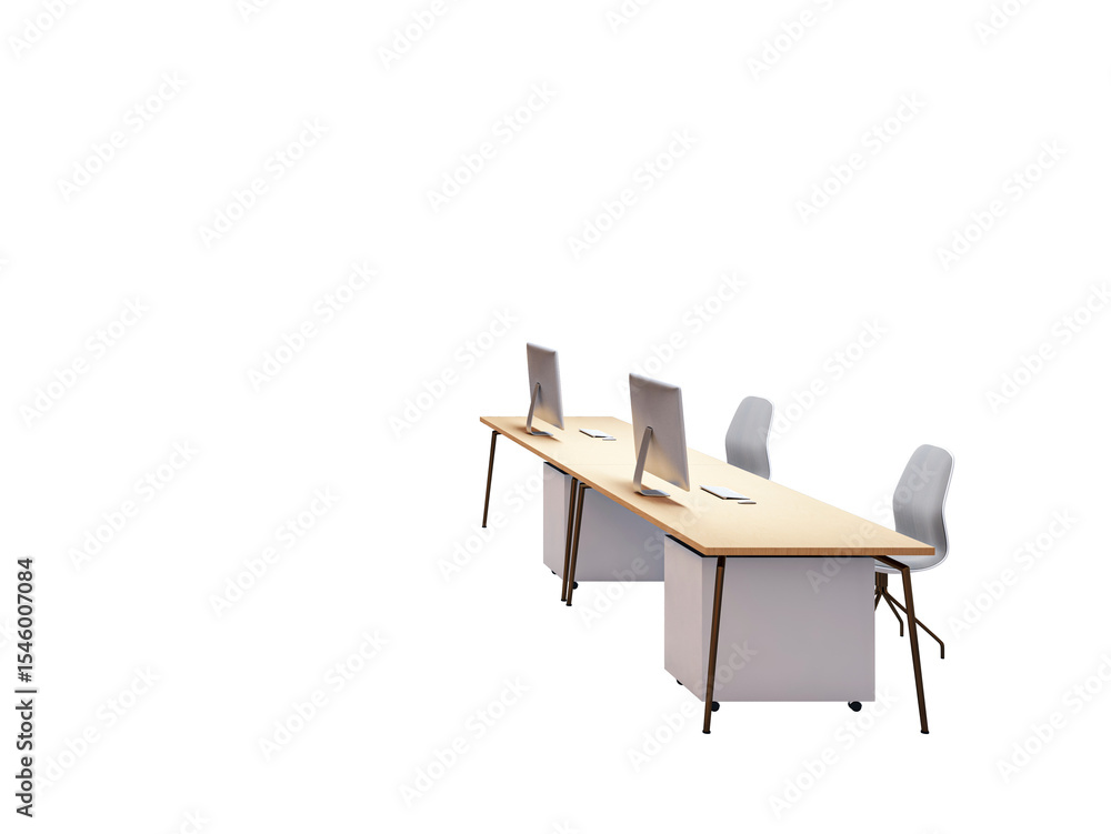 Poster Office desk setup with three desktop computers, sleek chairs, and accessories in closeup style on white background. Concept of workspace. 3D Rendering