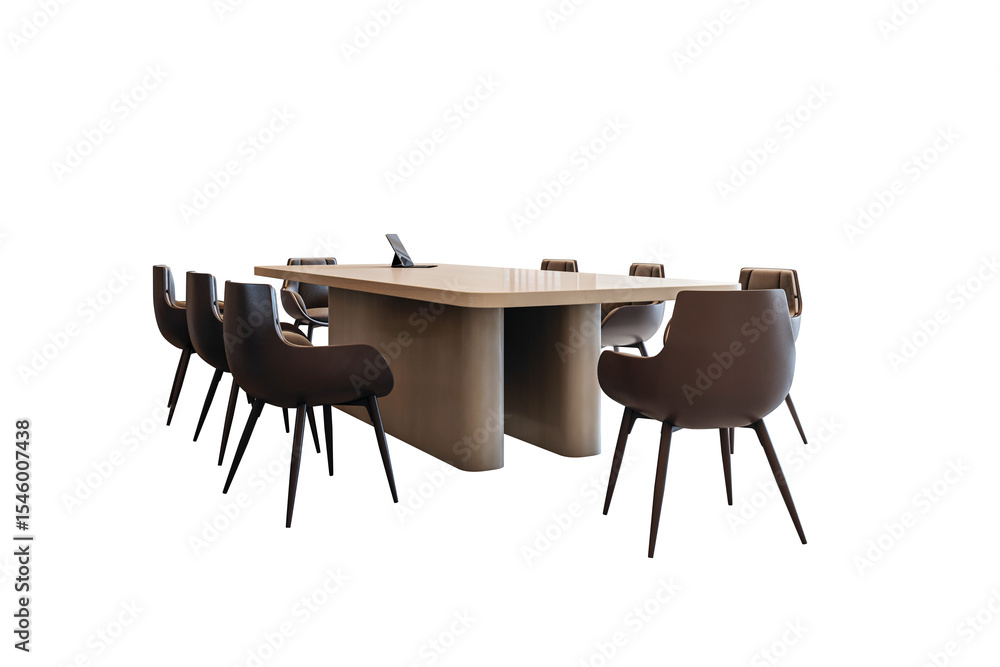 Poster modern brown conference table with sleek chairs and digital tablet, realistic style on white backgro