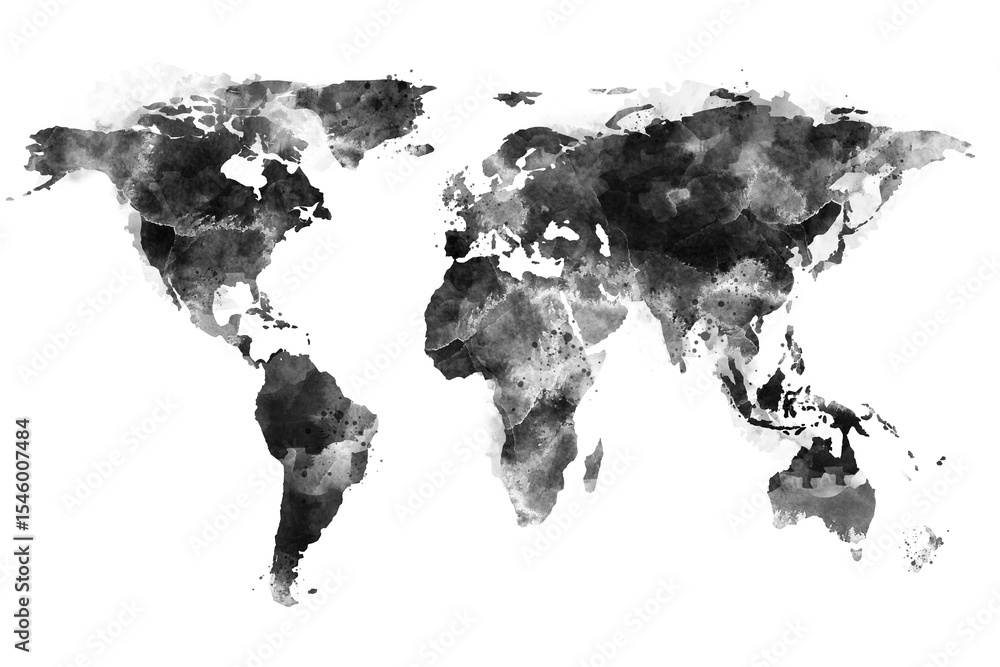 Poster hand-drawn black watercolor world map illustration with textured style on clean white background, co