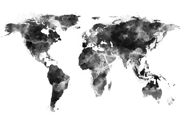Hand-drawn black watercolor world map illustration with textured style on clean white background, concept of global design and branding. 3D Rendering