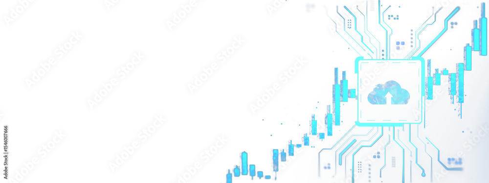 Aufkleber Cloud upload icon with circuit lines and blue stock bars on white background, modern tech data exchange and online network concept, 3D Rendering