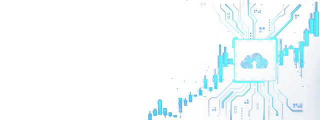 Cloud upload icon with circuit lines and blue stock bars on white background, modern tech data exchange and online network concept, 3D Rendering