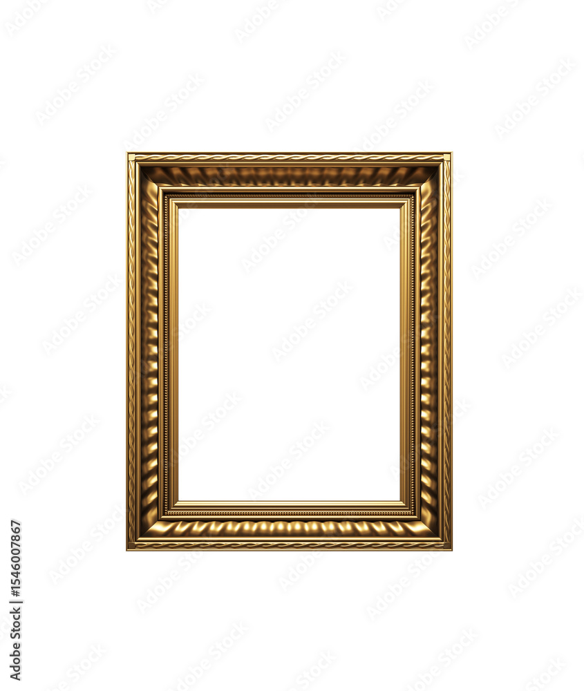 Poster classic golden vertical frame with blank canvas isolated on transparent background, ideal for design