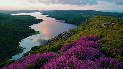 Serene lake nestled in a verdant valley surrounded by lush green hills and vibrant purple heather