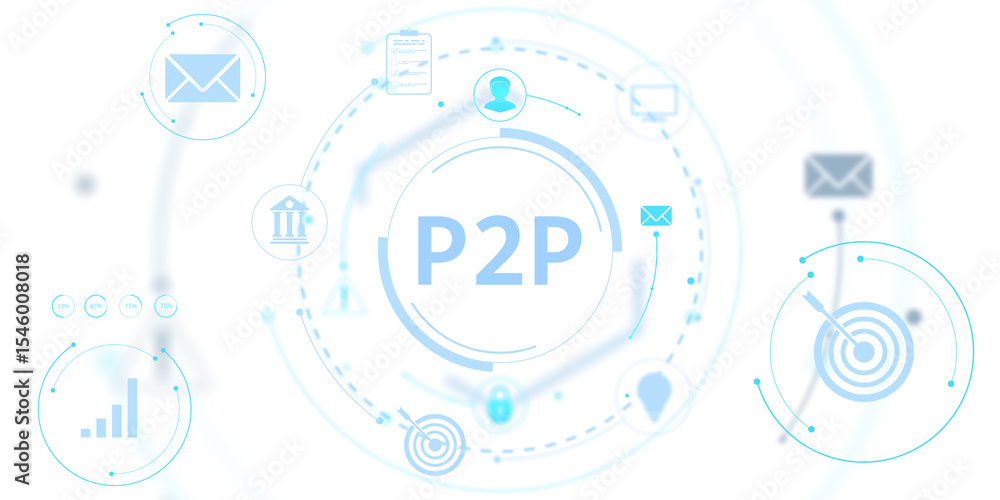 Poster Abstract P2P interface with circular infographic icons in light blue, futuristic translucent style on white background. Concept of digital network. 3D Rendering