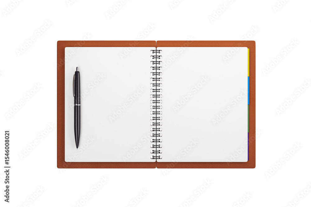 Poster Open spiral notebook with pen placed on left page, clean modern layout, white isolated background, concept of planner or diary. 3D Rendering