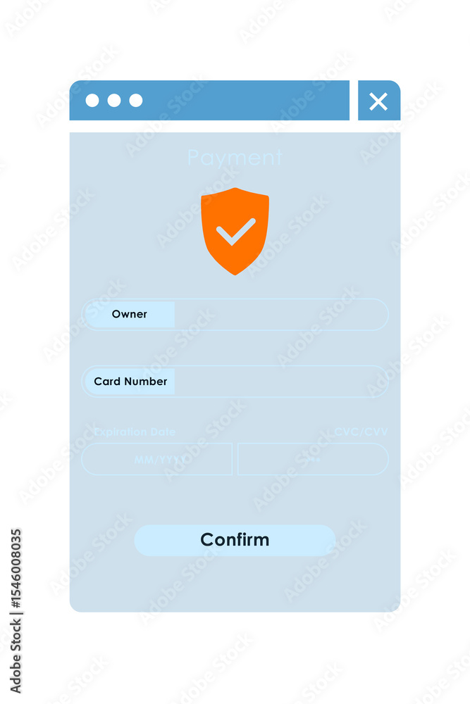 Poster Online payment form interface with card input fields and confirmation button, 3D Rendering, isolated on white background, safe transaction concept