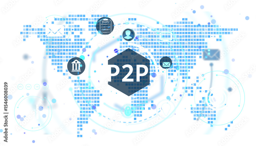 Poster p2p technology symbols, user icons, bank, and email over a digital world map in blue pixel style on 