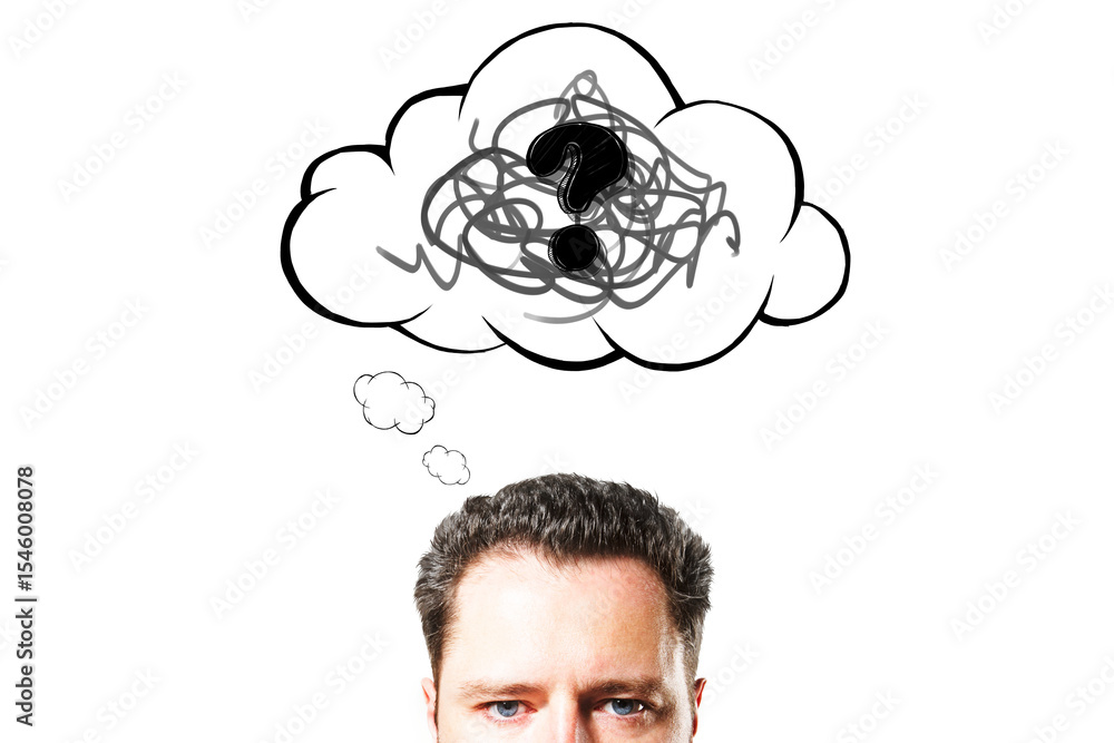 Poster man's head looking up with puzzled face, sketchy thought cloud and question mark above, on clean whi