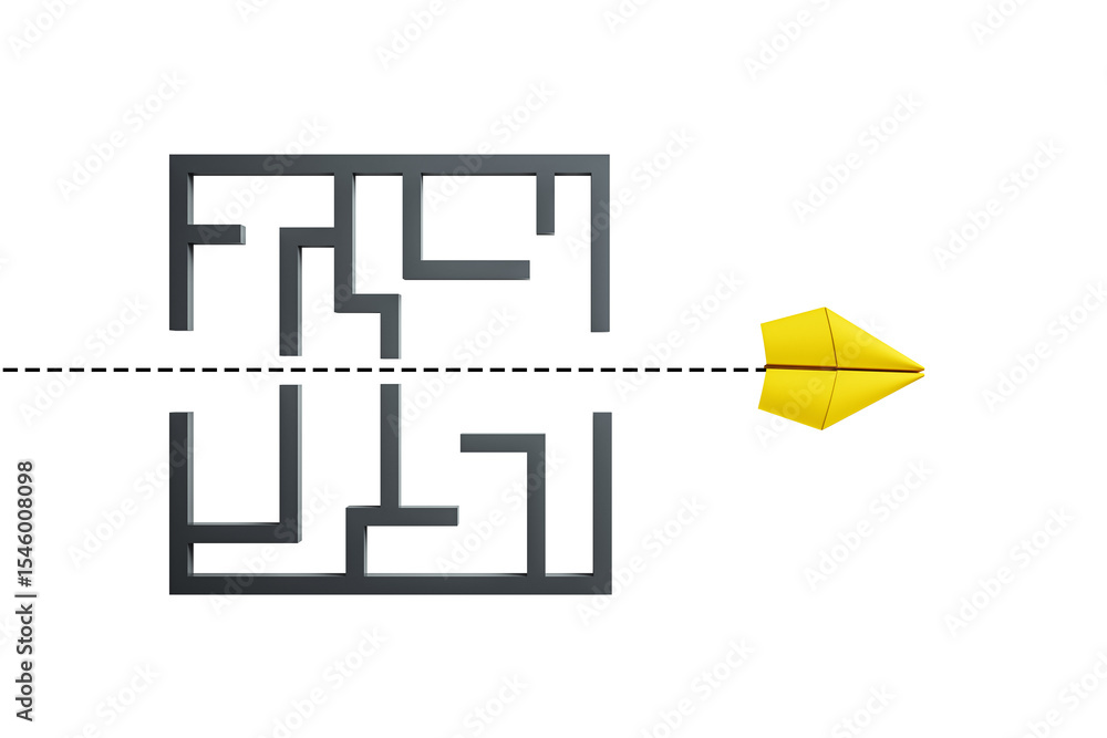 Poster yellow paper plane piercing through a dark labyrinth in a straight line on white background, concept