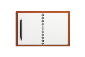 Open spiral notebook with pen placed on left page, clean modern layout, white isolated background, concept of planner or diary. 3D Rendering