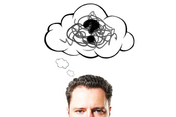 Man's head looking up with puzzled face, sketchy thought cloud and question mark above, on clean...