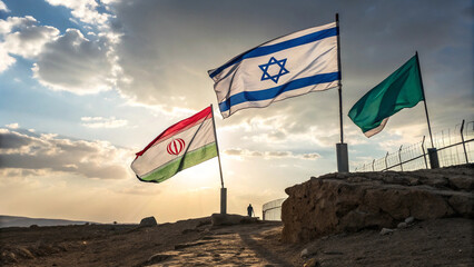 A red and white Iran isreal flag waving proudly on a pole against a blue sky with clouds, overlooking a serene beach and the endless sea