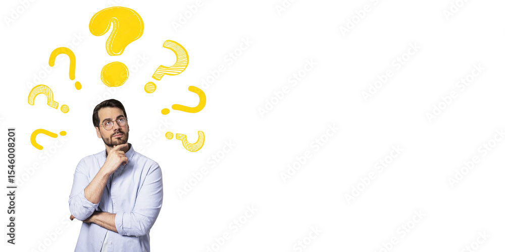 Leinwandbilder thoughtful man with hand on chin and yellow question marks around his head on white background, symb