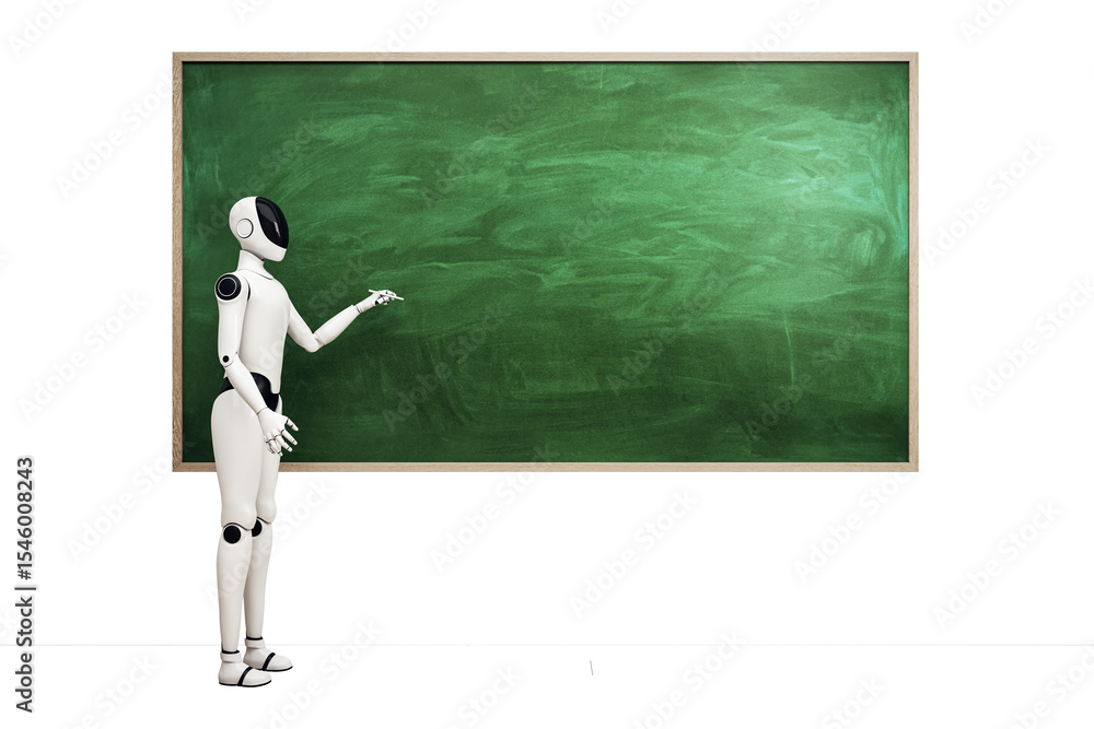 Poster humanoid robot standing in front of green chalkboard on white background, front view, 3d rendering, 