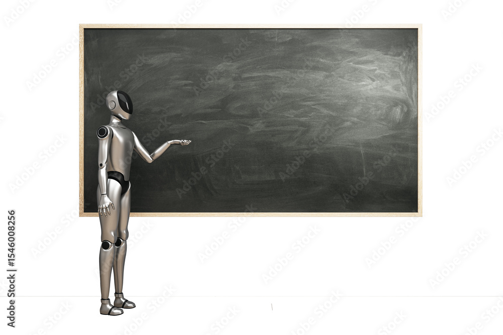 Poster Futuristic humanoid robot standing in front of empty chalkboard, 3D Rendering, on white background. Concept of artificial intelligence in education