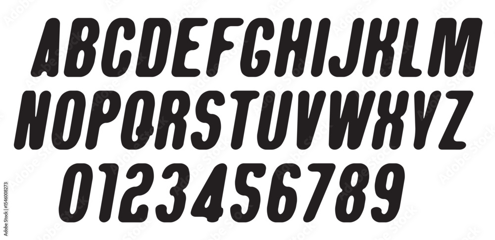 Poster vector round symmetrical simple italic font. set of letters and numbers of the latin alphabet. no ai