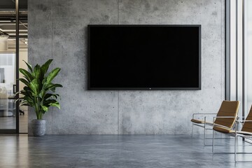 Blank black screen on concrete wall in modern office lobby with indoor plant and chairs