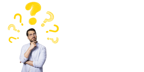 Thoughtful man with hand on chin and yellow question marks around his head on white background, symbolizing brainstorming or problem solving