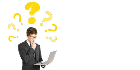 Businessman holding laptop and thinking, surrounded by yellow question marks, on clean white background, concept of curiosity and brainstorming