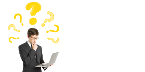 Businessman holding laptop and thinking, surrounded by yellow question marks, on clean white background, concept of curiosity and brainstorming