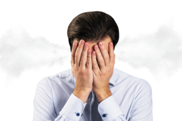Businessman covering face with hands, steam coming from head, clean white background, concept of stress and emotional burnout