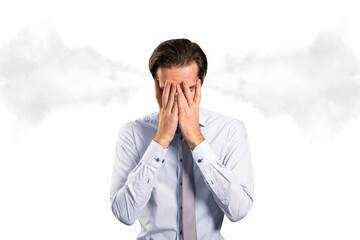 Businessman in shirt and tie covering face in frustration, light style, clean white background,...