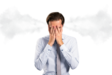 Businessman in shirt and tie covering face in frustration, light style, clean white background, concept of stress and emotional burnout