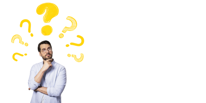 Thoughtful man with hand on chin and yellow question marks around his head on white background, symbolizing brainstorming or problem solving